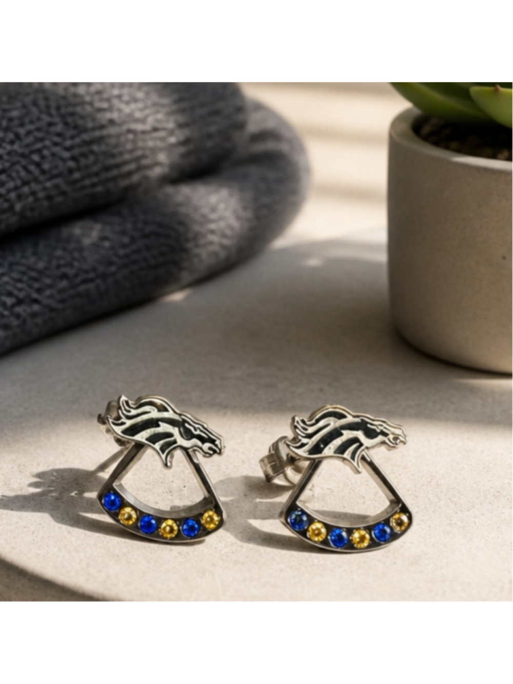 Denver Broncos Mascot Silver Horse Earrings Blue Orange Gems Football Fashion